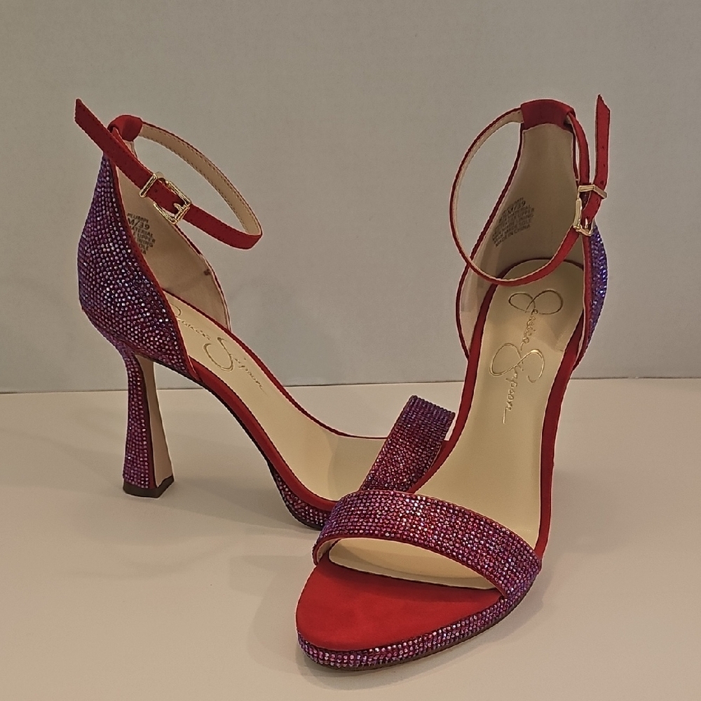 Gorgeous Never Worn Jessica Simpson Red And Purple Rhinestone Heels